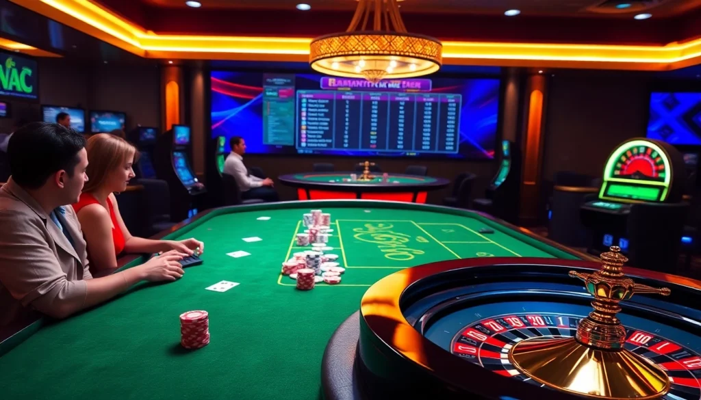 Gamblers enjoying a vibrant casino experience at bk8vn.io, surrounded by exciting tables and slot machines.