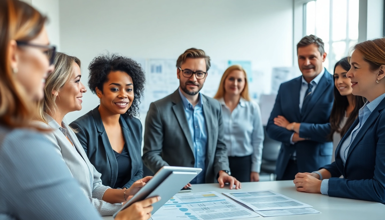 Crisis management consultant collaborating with a team in a modern office setting.