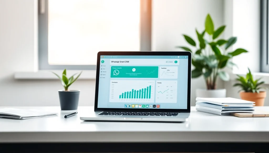 Streamlined WhatsApp Smart CRM interface on a stylish desk with analytics dashboard highlighting customer data.
