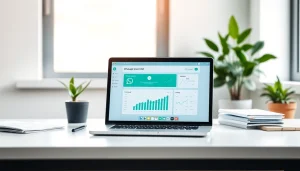 Streamlined WhatsApp Smart CRM interface on a stylish desk with analytics dashboard highlighting customer data.