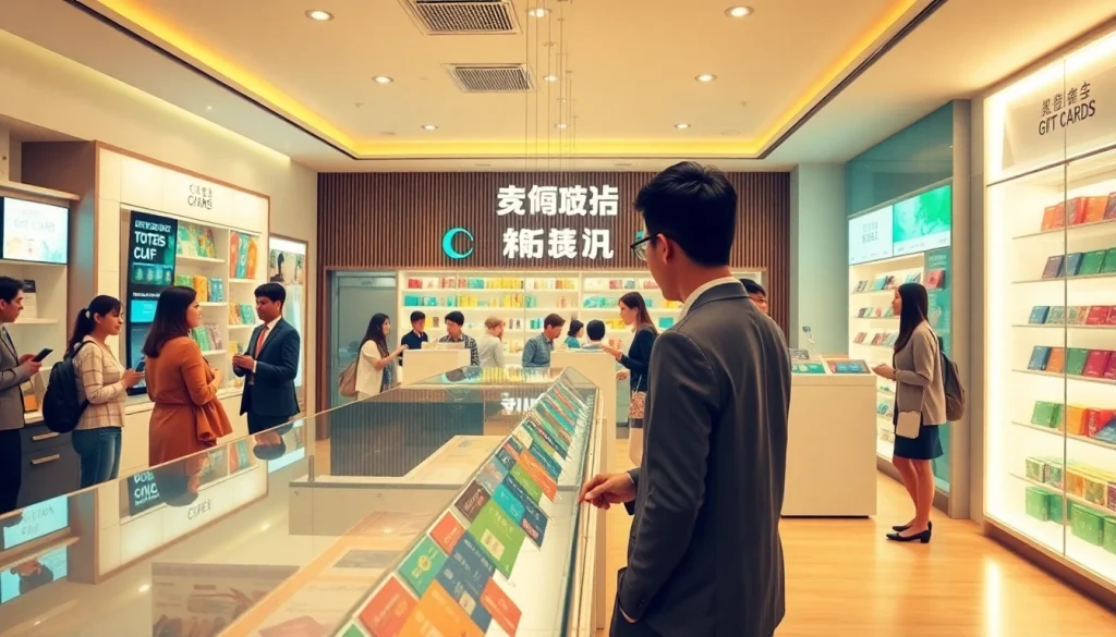 친근한 분위기의 현대적 소매 디스플레이에 상품권카드가 진열되어 다양한 상품권 옵션을 선보이는 모습.