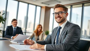 Real estate lawyer consulting clients in a modern office, showcasing professionalism and trust.