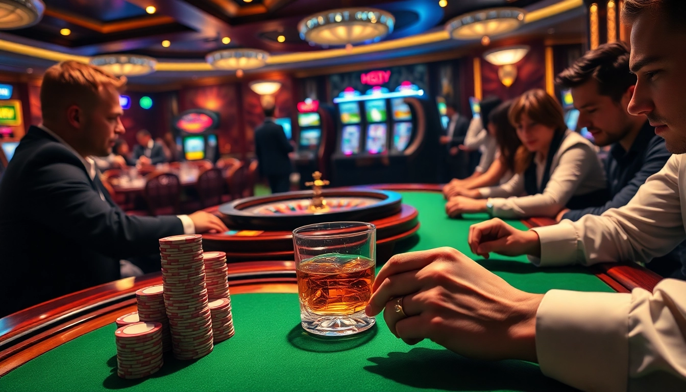Hi88 gamblers placing bets at a high-stakes poker table in a luxurious casino.