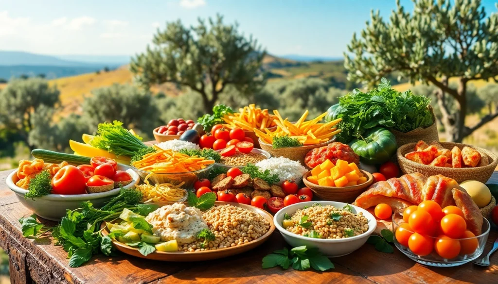 Prepare delicious plates of Mediterranean diet foods, emphasizing fresh ingredients and vibrant colors.