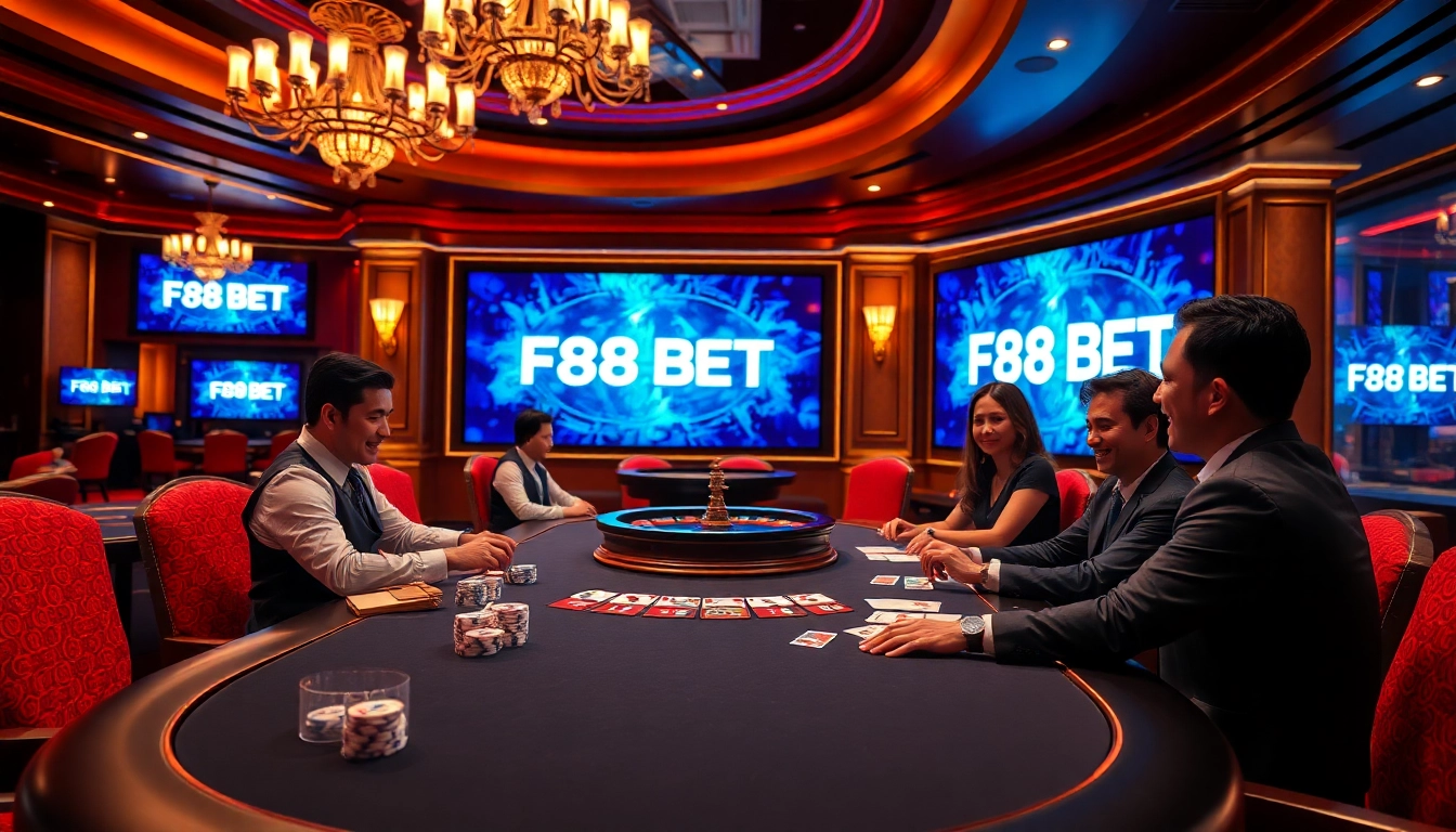 Experience the thrill of F88BET gaming with a luxurious poker table scene.