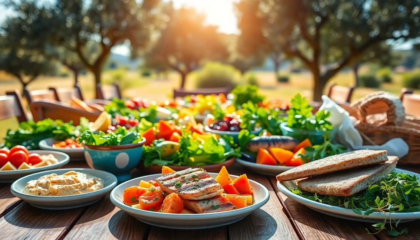 Enjoying a Mediterranean diet with vibrant dishes highlighting healthy ingredients.