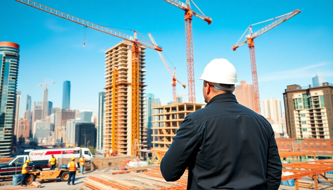 Manhattan Commercial General Contractor supervising a bustling construction site with workers and cranes.