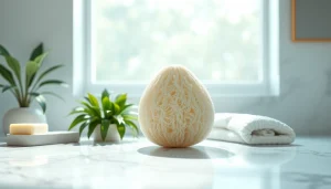 Using the best back loofah to exfoliate and cleanse in a serene bathroom setting.