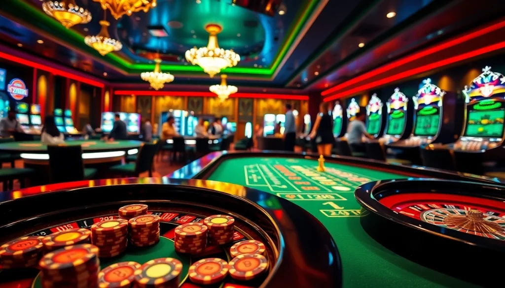 Experience thrilling gameplay at gg88bz casino with vibrant tables, poker chips, and engaging slot machines.