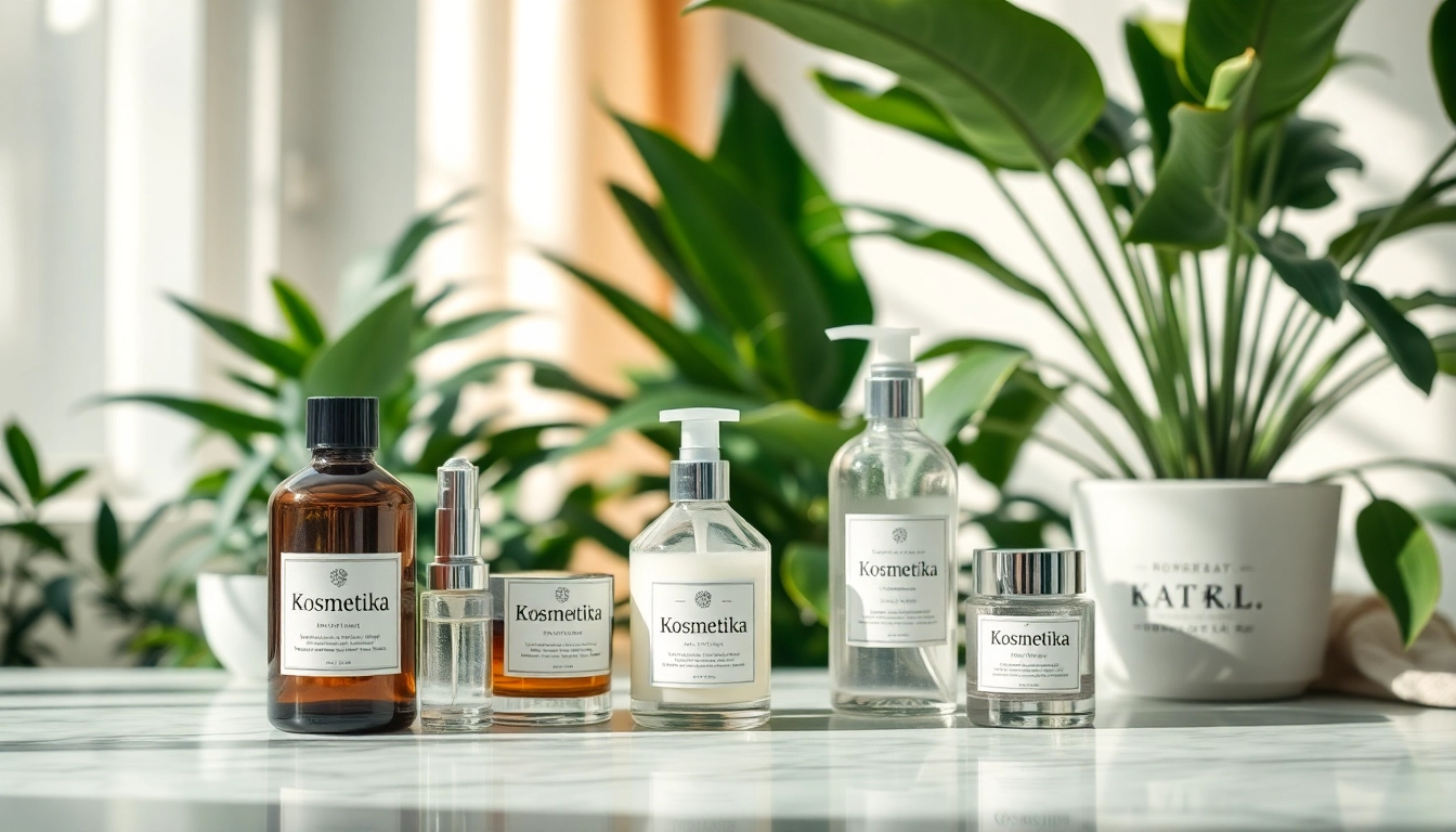 Kosmetika produktų asortimentas elegantiškuose indeliuose ant marmurinio stalo