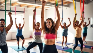 Diverse individuals exercising with pull-up resistance bands in a bright studio, showcasing strength and motivation.