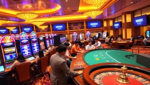 The energetic atmosphere of MM88 KJC casino with vibrant slot machines and poker tables.