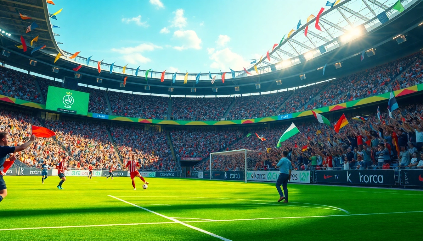 أجواء مباراة كرة قدم مثيرة تُظهر الجمهور في استاد، ألوان زاهية، علامة Koora TV، ولاعبون في وضعية اللعب.
