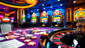 Cổng game Haywin showcasing an exciting casino scene with poker chips and slot machines.
