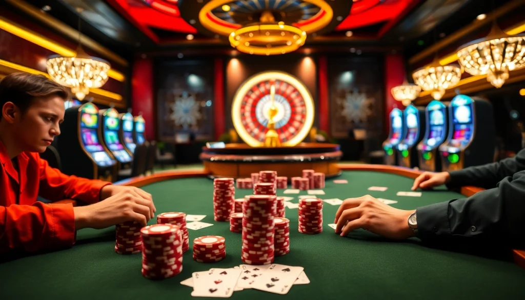 Players engage in a high-stakes poker game at a luxurious casino, inspired by https://taigo88.team/.
