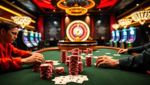 Players engage in a high-stakes poker game at a luxurious casino, inspired by https://taigo88.team/.