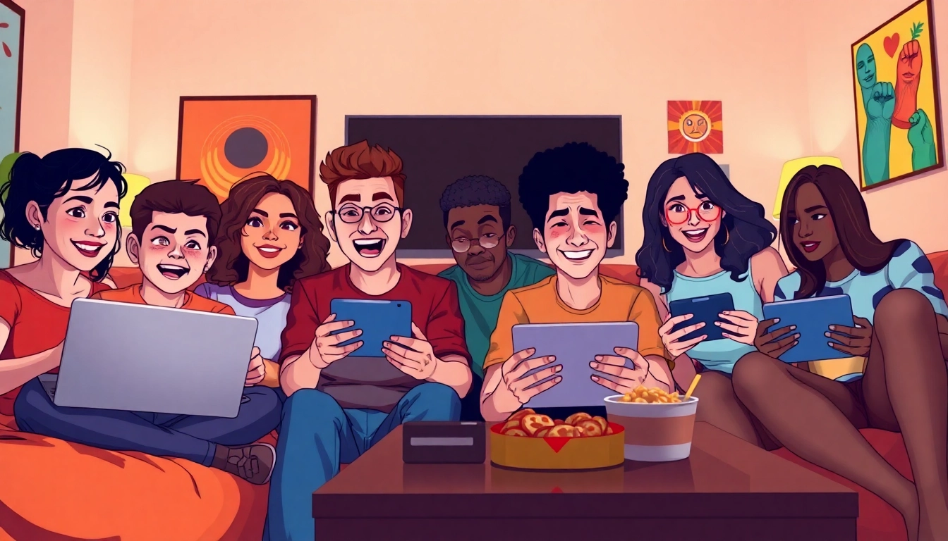 Group enjoying free porn games on laptops and mobile devices in a cozy living room.