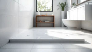 Showcase the shower base in a modern bathroom with elegant tiles and natural lighting.
