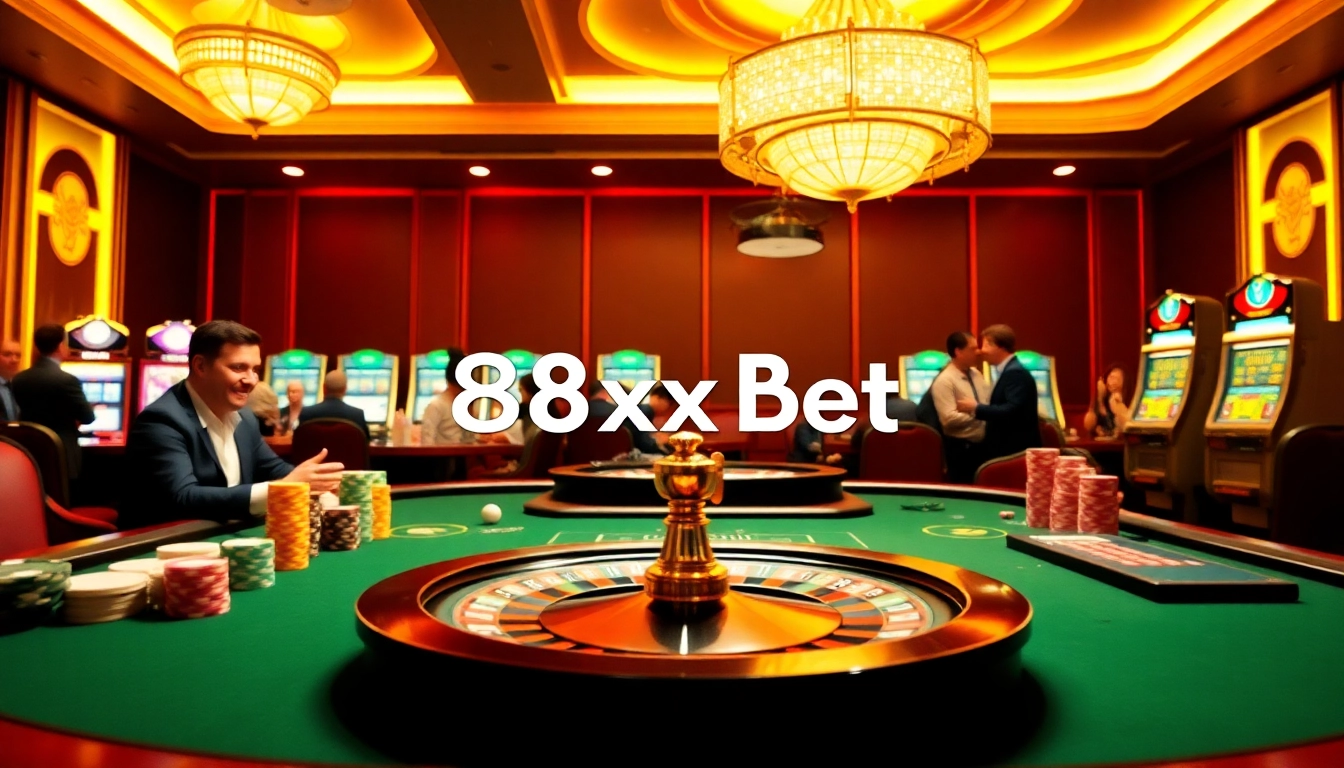 Experience the thrill of 88xx bet at a vibrant casino table with poker chips and a roulette wheel.