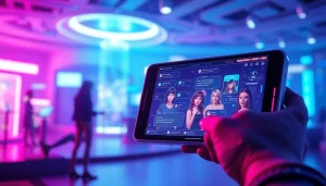 Engaging NSFW AI chatbot interaction with digital avatars and high-tech interface.