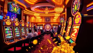 Rasakan sensasi slot depo pulsa dengan mesin slot yang berwarna-warni dan pemain yang ceria di kasino mewah.