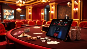 RR88 gaming excitement at a luxurious casino table with roulette and poker elements.