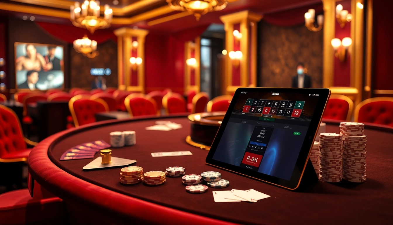 RR88 gaming excitement at a luxurious casino table with roulette and poker elements.