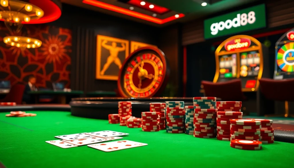 Engaging scene at a casino table with cards and chips showcasing the brand good88 in an exciting atmosphere.