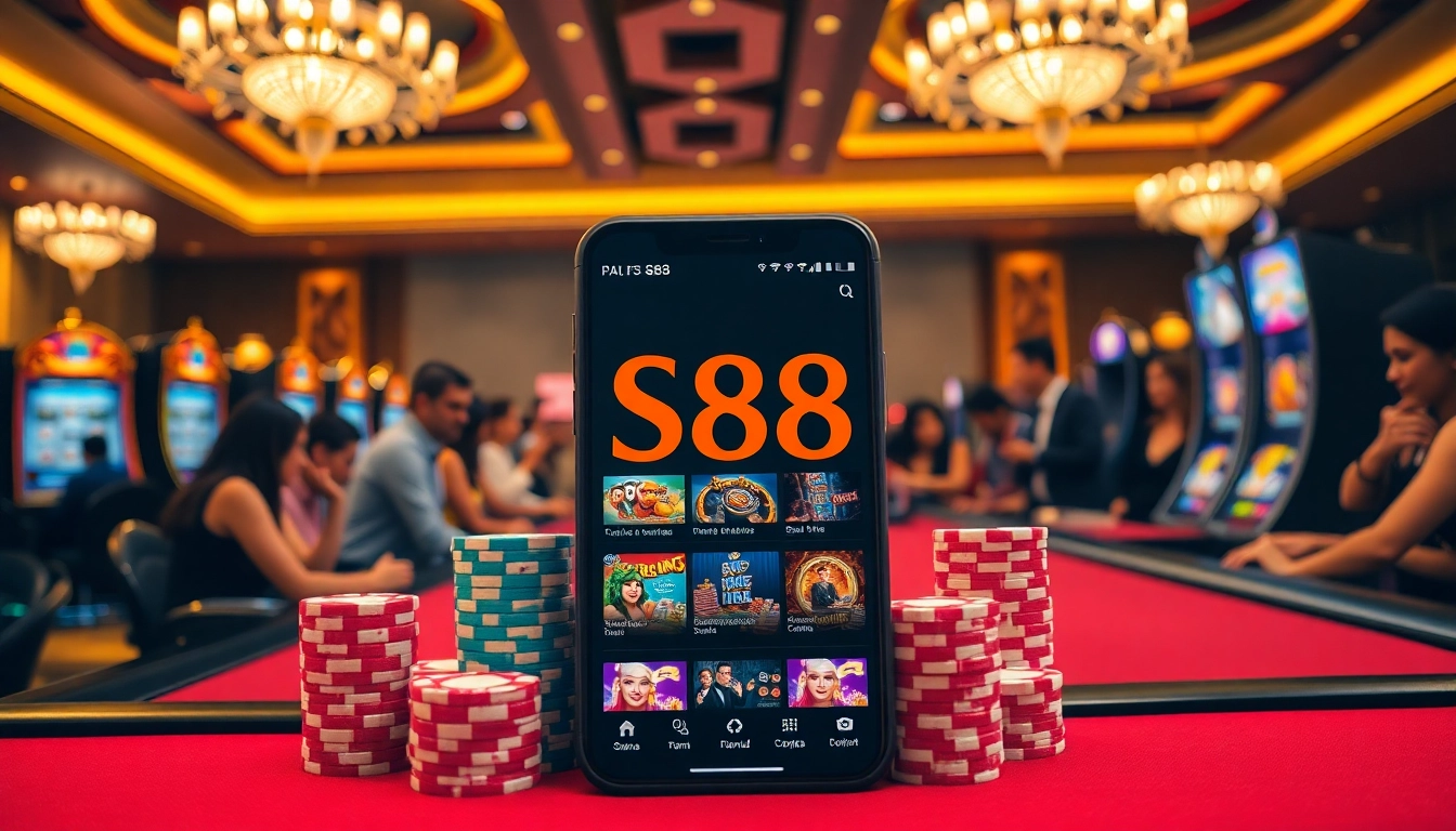 S88 casino app interface showcased in a vibrant gambling scene with players at tables and slot machines.