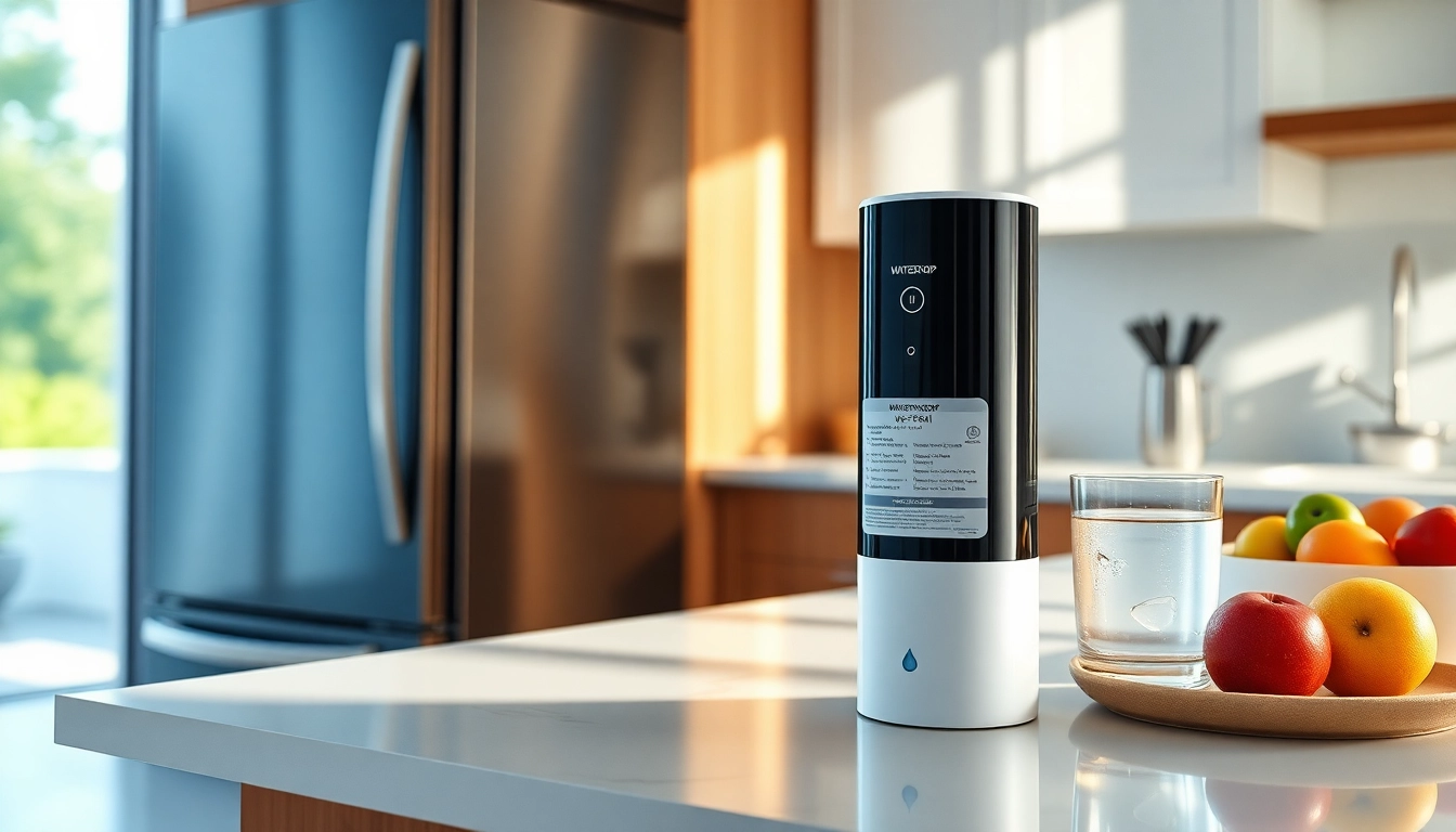 Waterdrop WD-F08 Replacement for 4396841 water filter on a kitchen counter, symbolizing purity and modern living.