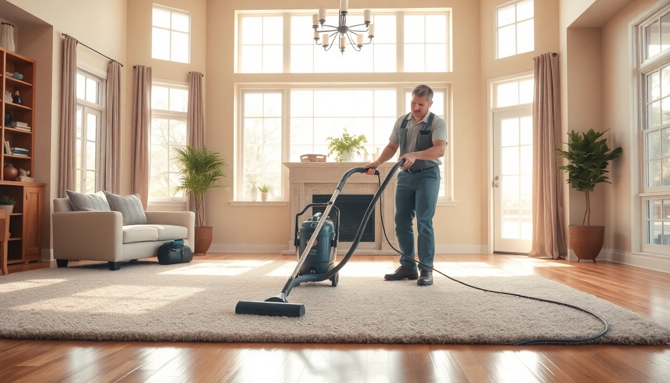 Efficient carpet cleaning near me featuring a technician transforming a living room.
