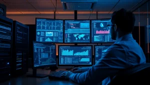 Cybersecurity AI expert analyzing data in a modern tech workspace.