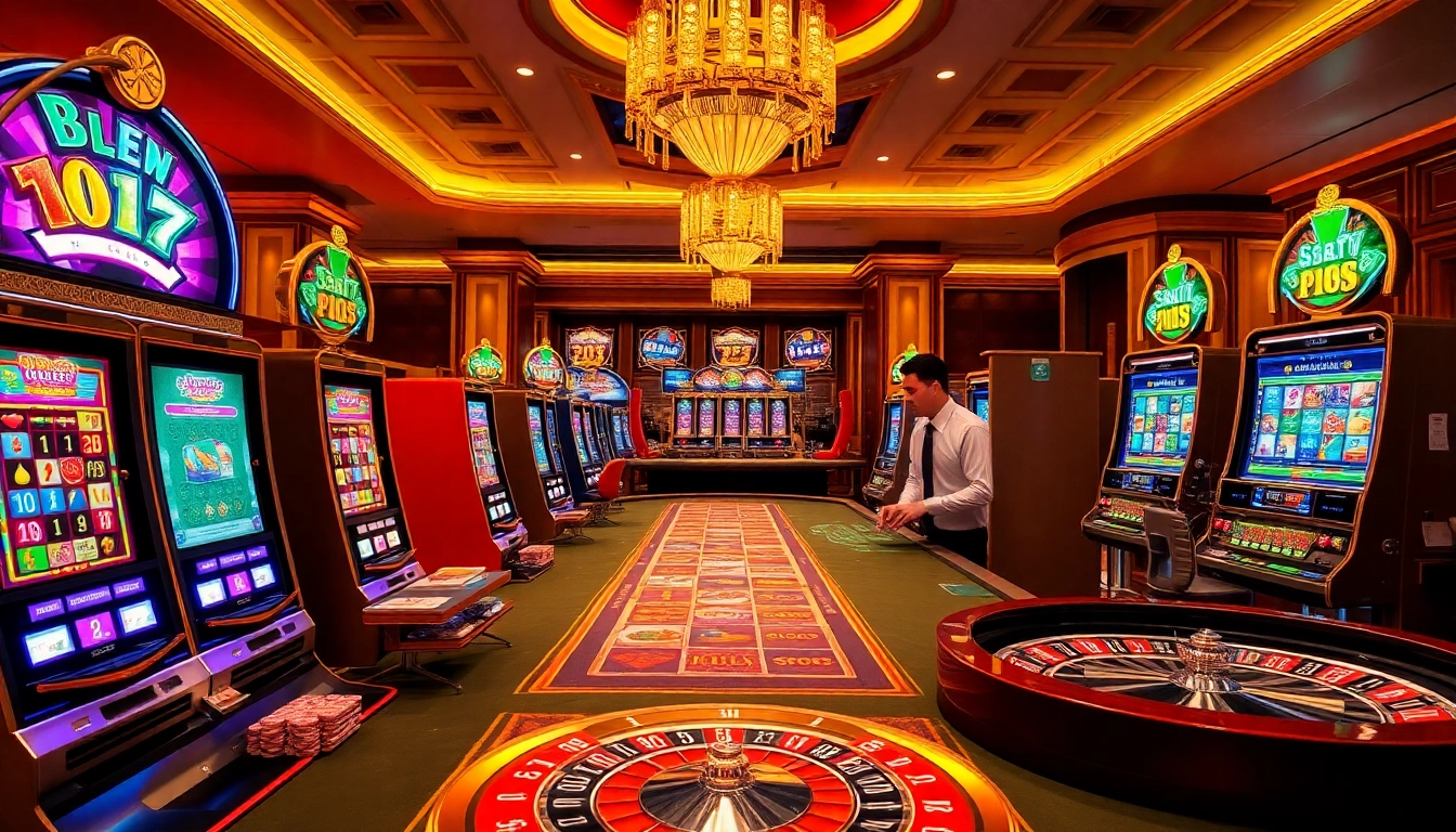 Engaging scene of idn slot 777 online gambling with vibrant slot machines and excited players.