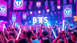 Fans celebrating BTS news during a vibrant event with banners and light sticks.