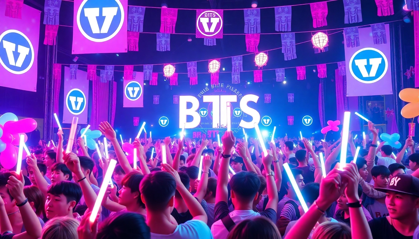 Fans celebrating BTS news during a vibrant event with banners and light sticks.