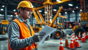 Evaluating physical hazards in a construction site by a safety inspector with checklist and gear.