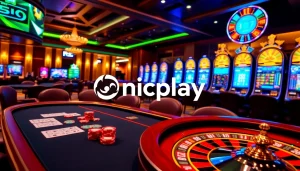 Engaging scene showcasing Onicplay's vibrant casino experience with slot machines and poker excitement.