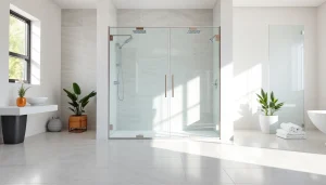 Showcasing elegant shower doors with sleek glass and chrome fittings in a modern bathroom setting.