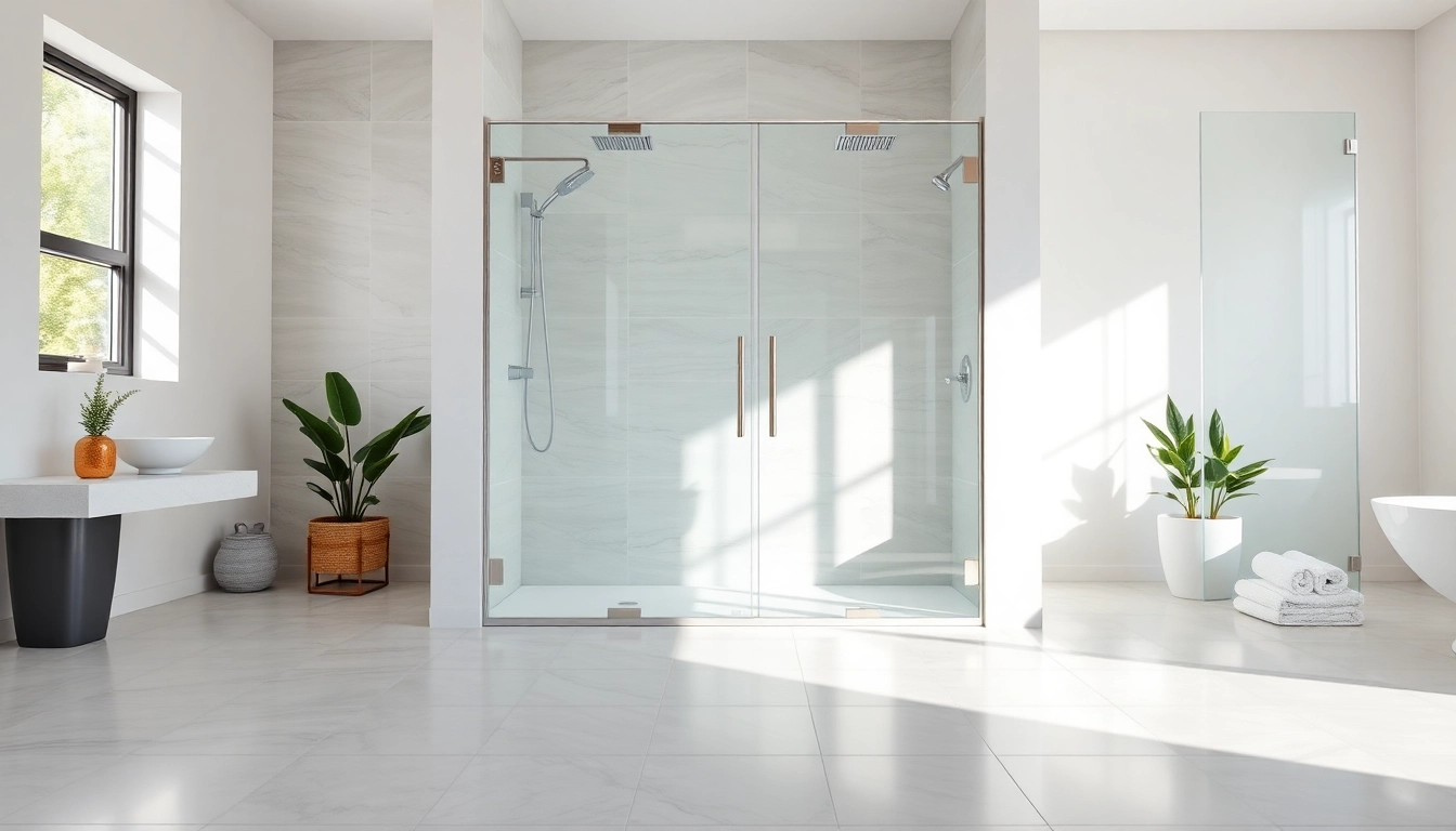 Showcasing elegant shower doors with sleek glass and chrome fittings in a modern bathroom setting.