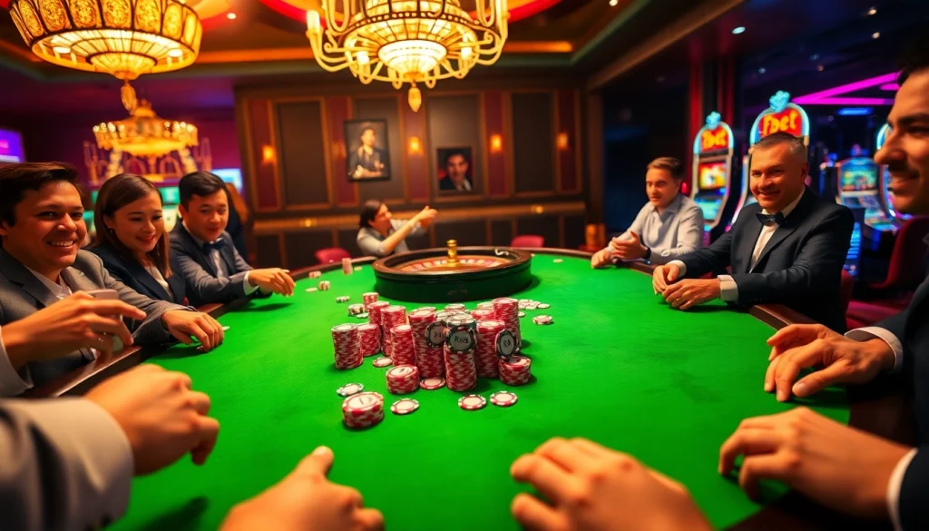 Players engaged in an exciting game at F8bet's poker table with colorful chips and cards.