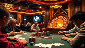 Players at a luxurious poker table enjoying their game at gg88bz casino.