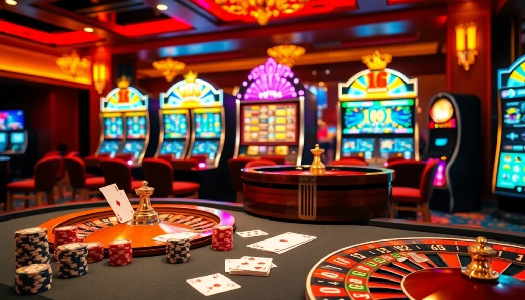 Engage with bk8thai ทางเข้า at a luxurious casino scene featuring vibrant tables and dynamic online interfaces.