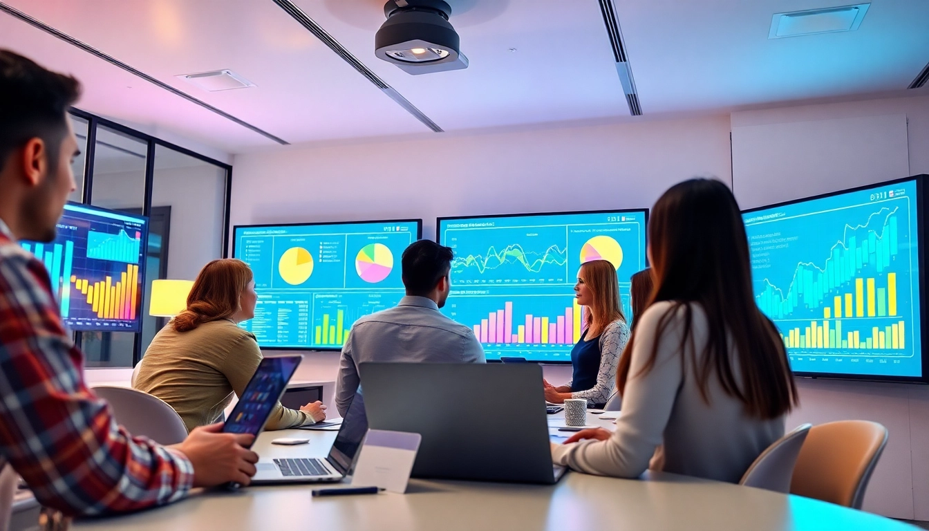 Analyze business growth insights through vibrant data visualizations in a collaborative office setting.