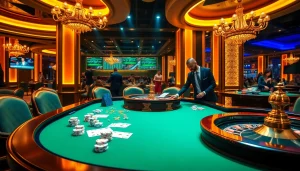 Experience the excitement of i9bet with players at a luxury casino table complete with cards and chips.