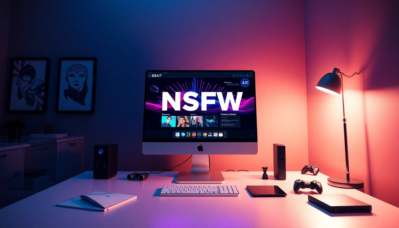 Stunning NSFW AI workspace with modern tech setup and vibrant images