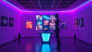 Futuristic lounge featuring AI-generated NSFW art with ambient lighting and holographic interaction.