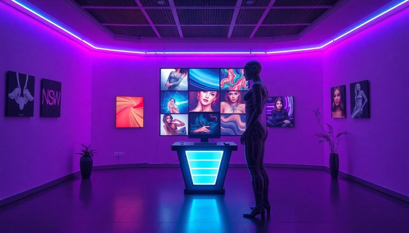 Futuristic lounge featuring AI-generated NSFW art with ambient lighting and holographic interaction.