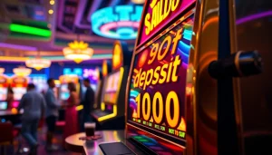 Menampilkan slot deposit 1000 pada mesin slot berkilau di kasino yang ramai.