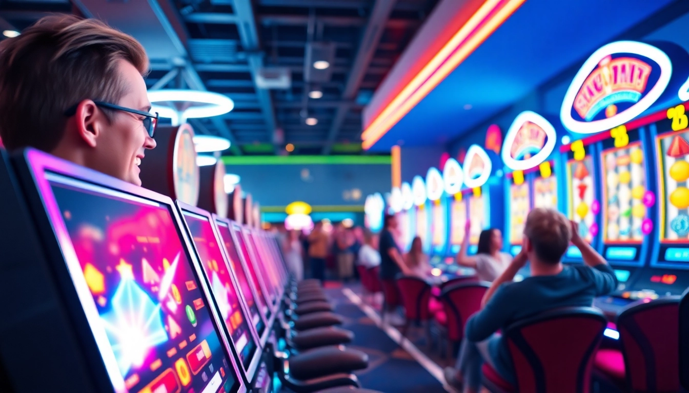 Menggambarkan slot depo 1k dengan mesin slot berwarna-warni dan suasana kasino yang hidup.