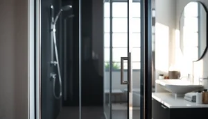 Stylish black shower door black frame enhancing a contemporary bathroom decor.